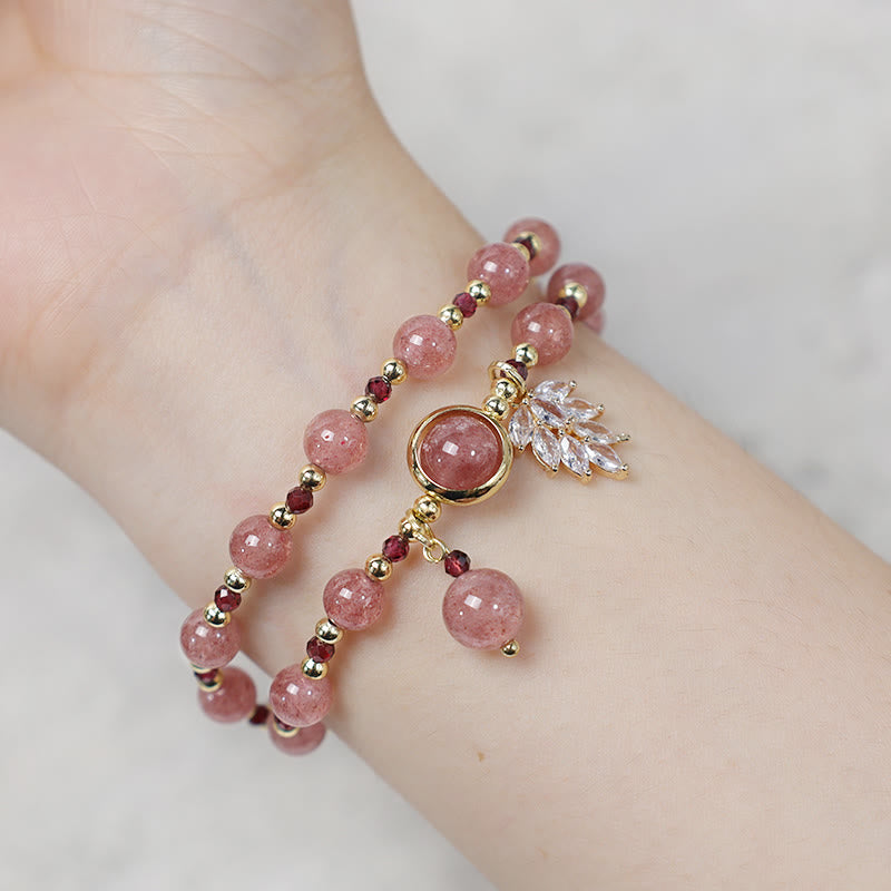 EverestArtstudios Natural Strawberry Quartz Love Healing Maple Leaf Charm Double Wrap Bracelet