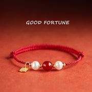EverestArtstudios 925 Sterling Silver Good Fortune Fu Character Agate Pearl Red String Braid Bracelet