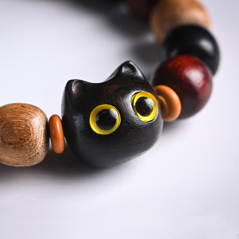 EverestArtStudios Small Leaf Red Sandalwood Ebony Wood Cute Cat Engraved Protection Bracelet