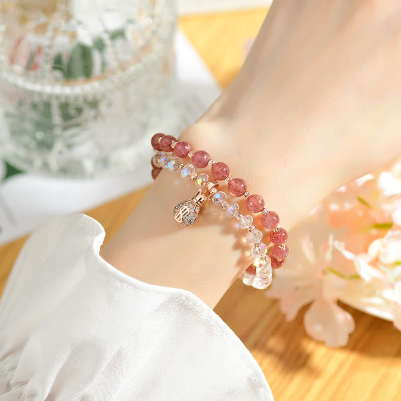 EverestArtStudios Strawberry Quartz White Crystal Money Bag Charm Positive Bracelet