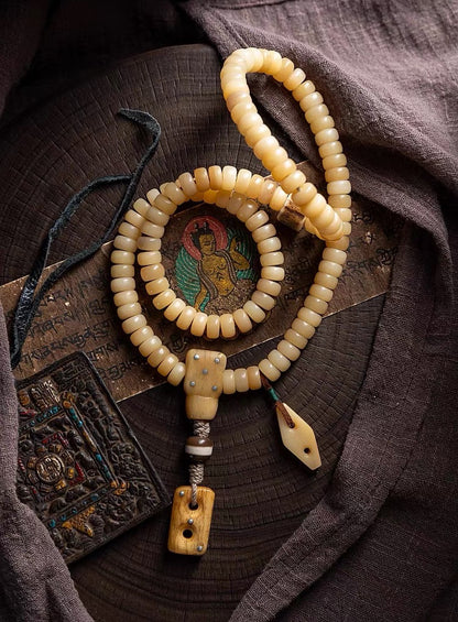 EverestArtStudios Natural Tibetan Sheep Horn 108 Mala Beads Necklace Bracelet, Tibetan Buddhist Prayer Beads, Wrap Mala Bracelet, Unisex Meditation Jewelry Gift