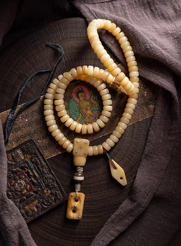 Natural Camel Bone Mala Bracelet 108 Beads, Tibetan Prayer Beads, Yellow Fossilized Bone Wrist Mala, Multi Wrap Meditation Bracelet for Men
