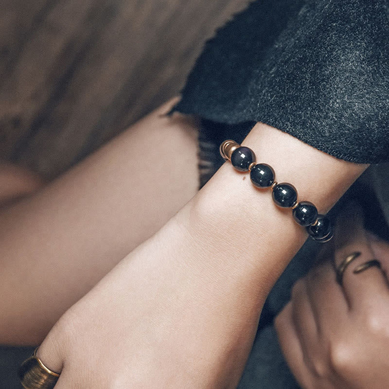 Buddha Stones Lava Rock Stone Rainbow Obsidian Brass Support Healing Bracelet