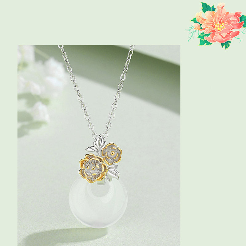 EverestArtstudios 925 Sterling Silver Round Chalcedony Twelve Months Flower Harmony Necklace Pendant