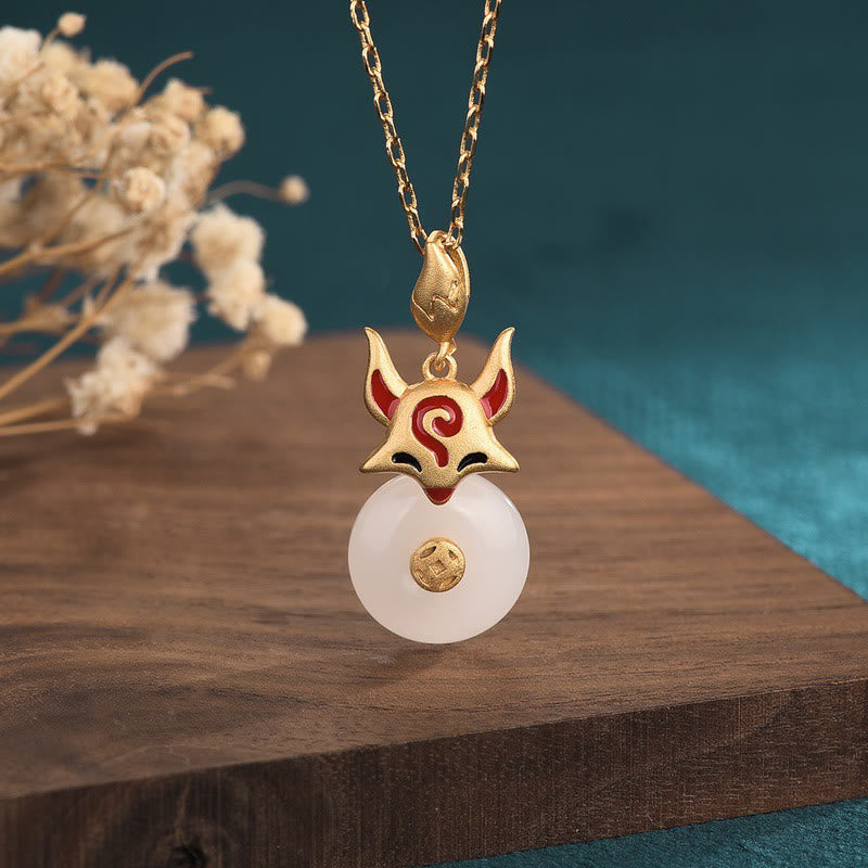 EverestArtstudios White Jade Fox Copper Coin Protection Luck Necklace Pendant