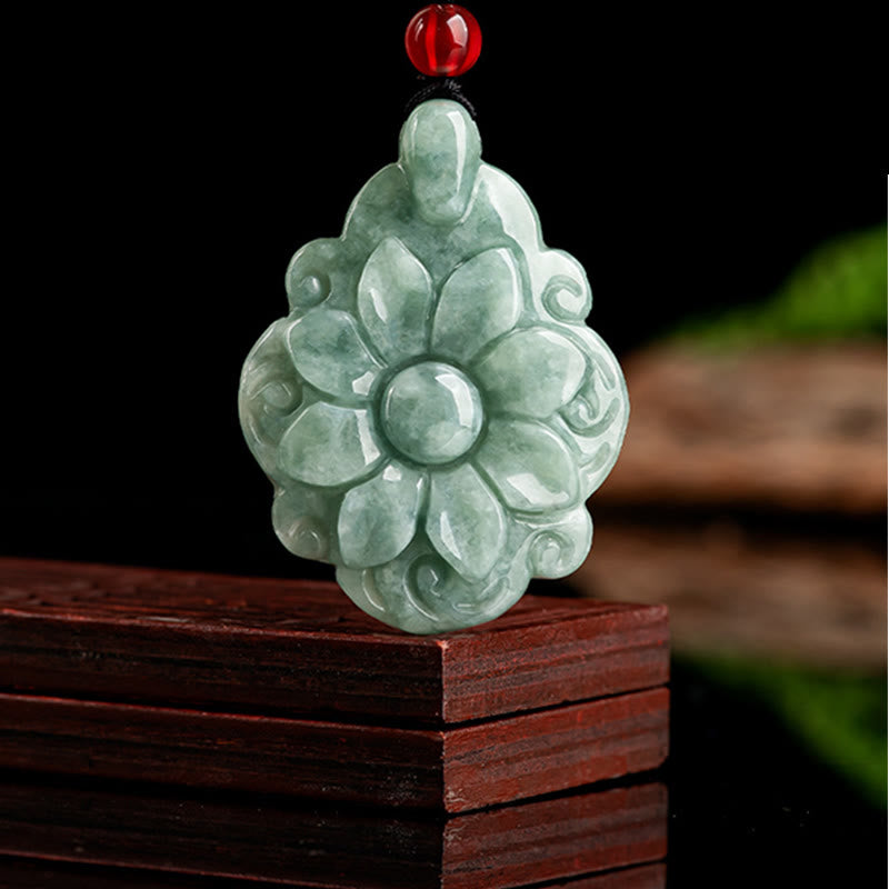 EverestArtstudios Natural Jade Kalanchoe blossfeldiana Flower Pattern Luck Necklace Pendant
