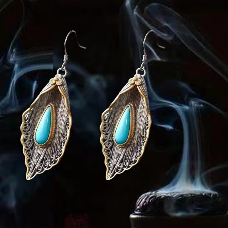 EverestArtStudios 925 Sterling Silver Turquoise Bodhi Leaf Pattern Protection Drop Dangle Earrings