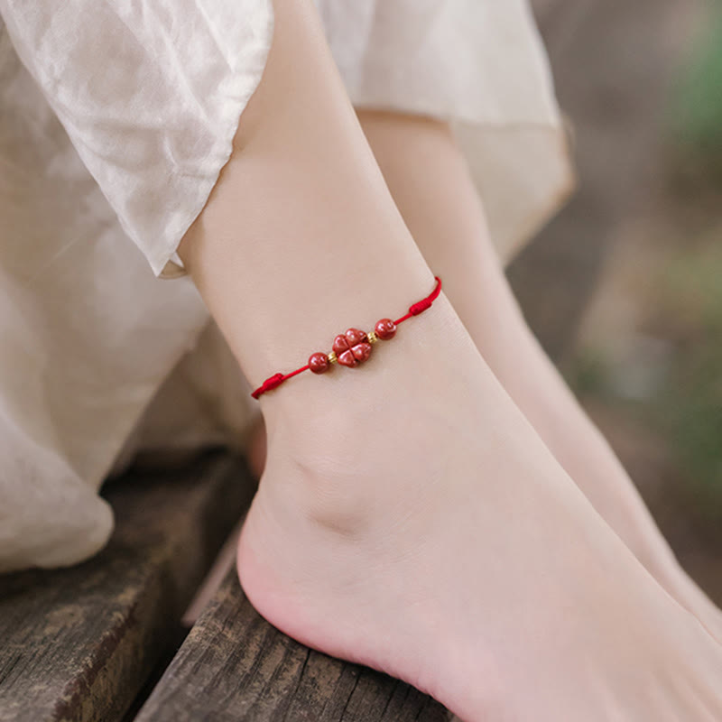 EverestArtstudios Four Leaf Clover Cinnabar Blessing Calm String Bracelet Anklet