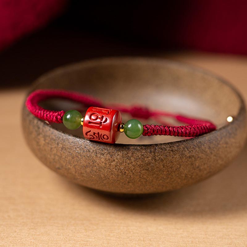 Buddha Stones Tibetan Cinnabar Om Mani Padme Hum Engraved Blessing Braided Rope Bracelet