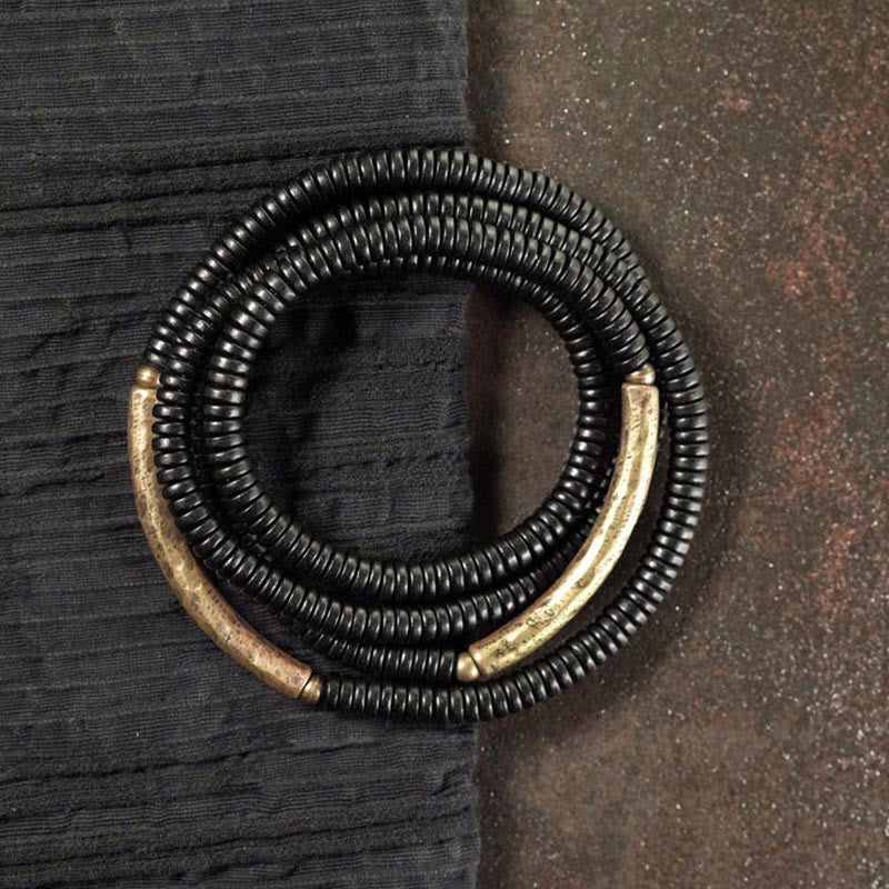 Buddha Stones Ebony Wood Brass Copper Balance Multilayered Bracelet