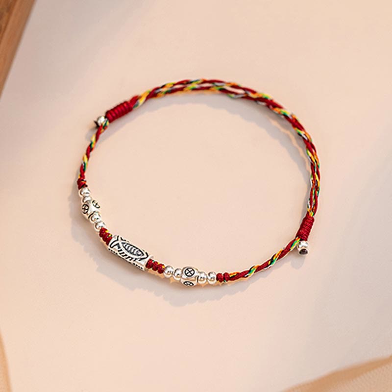 EverestArtstudios 925 Sterling Silver Luck Koi Fish Braided Colorful String Bracelet Anklet
