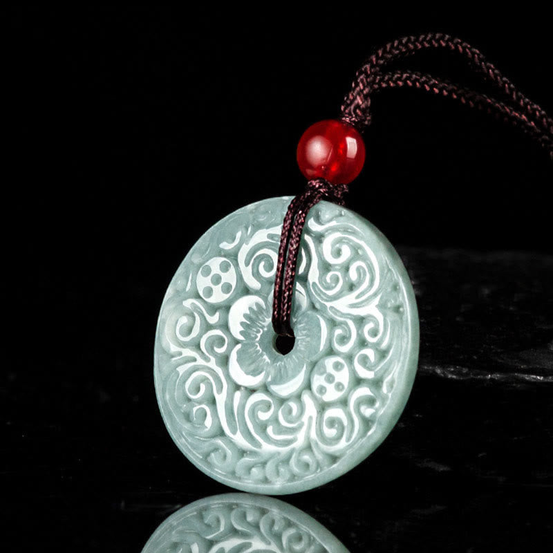 EverestArtstudios Green Jade Flower Carved Peace Buckle Abundance Necklace Pendant