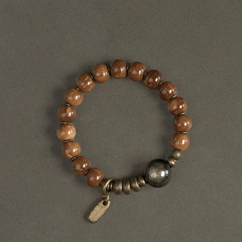 Buddha Stones Kuka Seed Tiger Eye Gold Sheen Obsidian Brass Copper Wealth Luck Bracelet