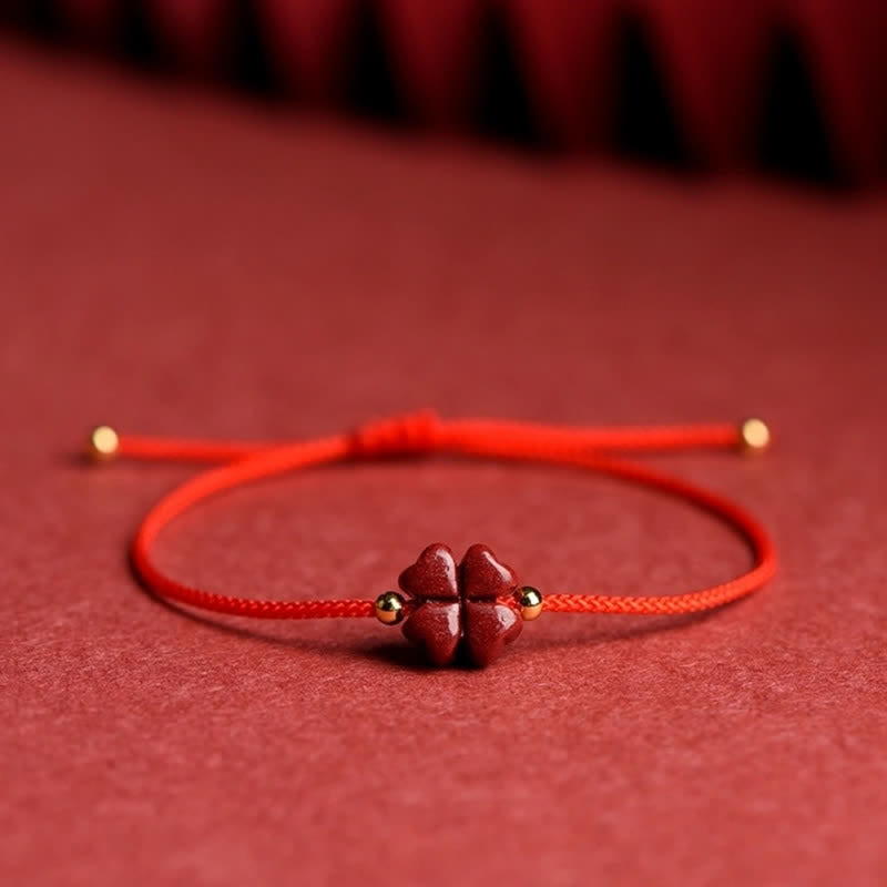 EverestArtStudios Natural Cinnabar Four Leaf Clover Blessing Red String Bracelet Anklet