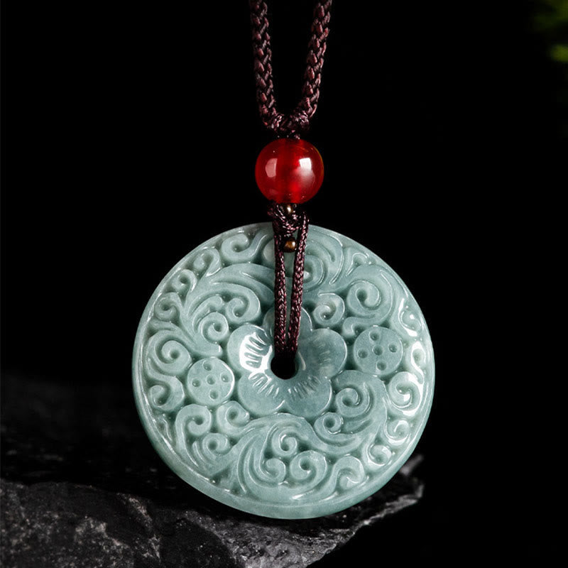 EverestArtstudios Green Jade Flower Carved Peace Buckle Abundance Necklace Pendant
