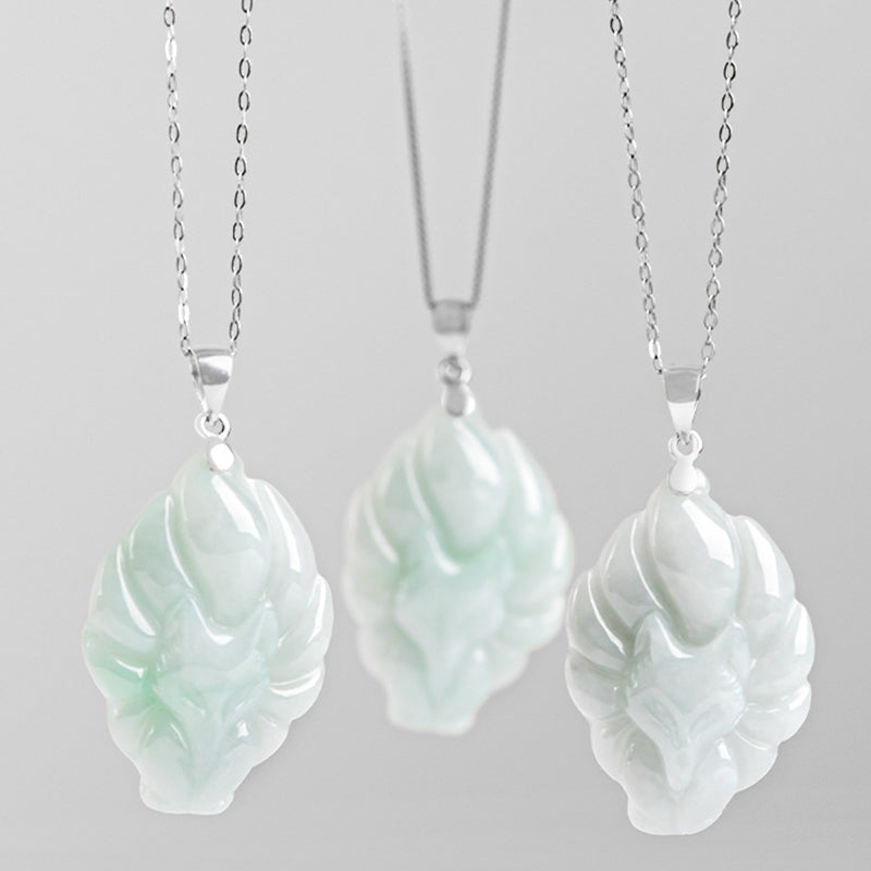 Buddha Stones Natural Jade Nine Tailed Fox Prosperity Titanium Steel Chain Necklace Pendant