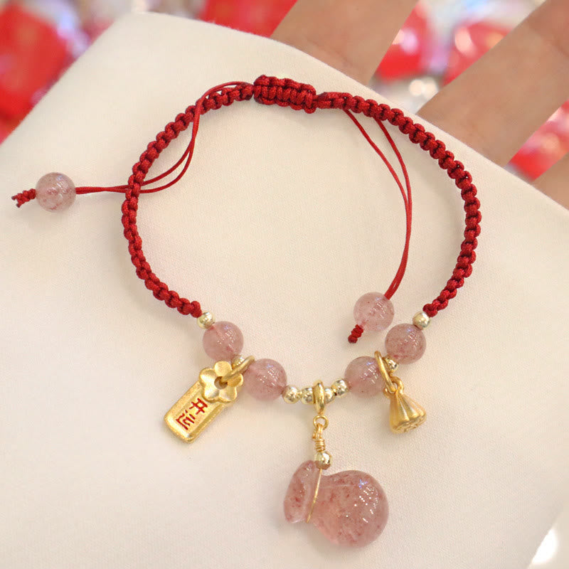 EverestArtstudios Natural Strawberry Quartz Money Bag Lotus Healing Charm Red String Braided Bracelet