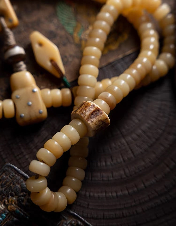 Natural Camel Bone Mala Bracelet 108 Beads, Tibetan Prayer Beads, Yellow Fossilized Bone Wrist Mala, Multi Wrap Meditation Bracelet for Men
