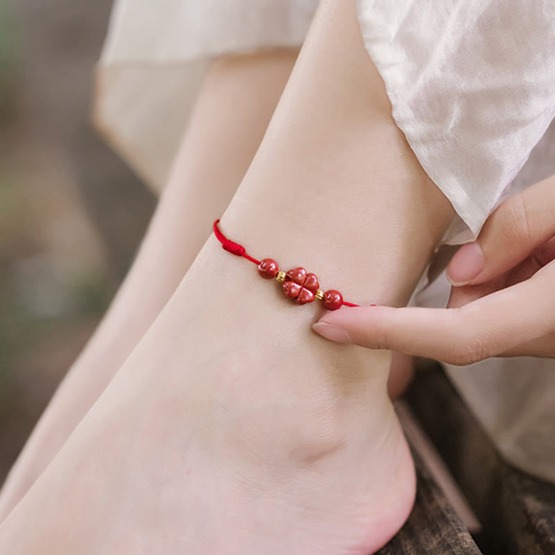 EverestArtstudios Four Leaf Clover Cinnabar Blessing Calm String Bracelet Anklet