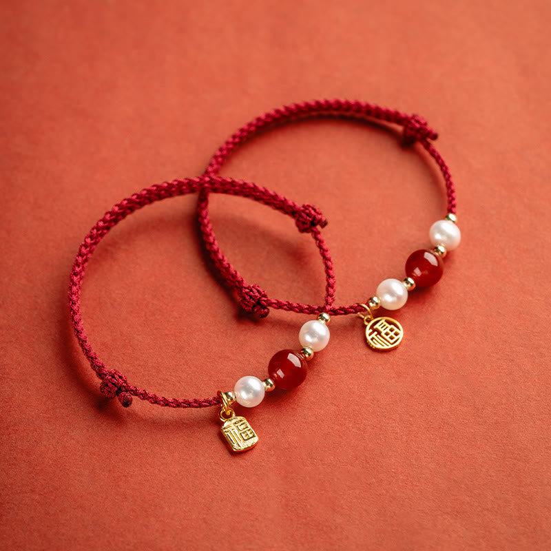 EverestArtstudios 925 Sterling Silver Good Fortune Fu Character Agate Pearl Red String Braid Bracelet