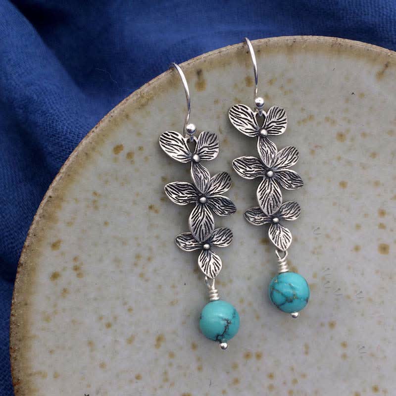 EverestArtStudios 925 Sterling Silver Turquoise Lazurite Lapis Lazuli Flower Leaf Serenity Protection Hook Drop Dangle Earrings