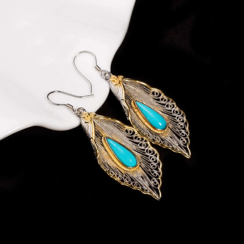 EverestArtStudios 925 Sterling Silver Turquoise Bodhi Leaf Pattern Protection Drop Dangle Earrings