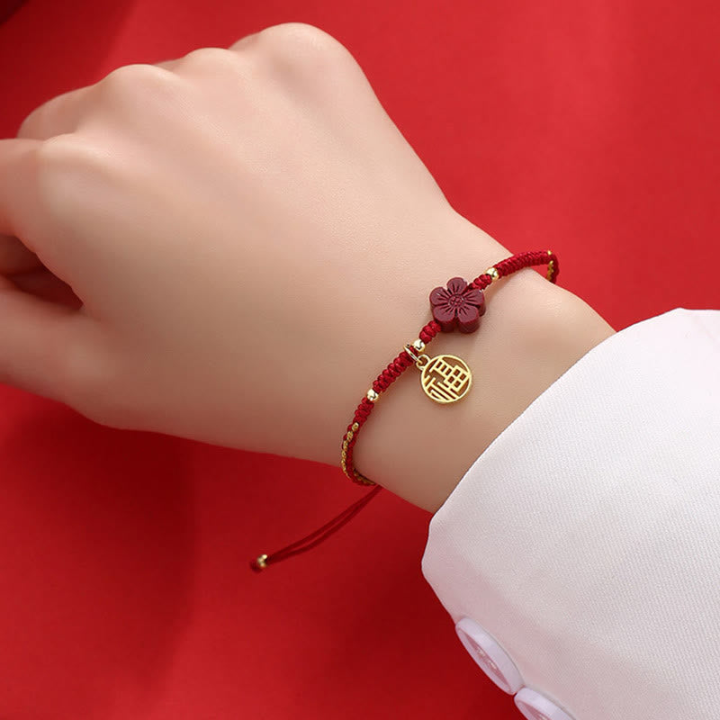 EverestArtstudios Cinnabar Flower Fu Character Blessing Braided String Bracelet