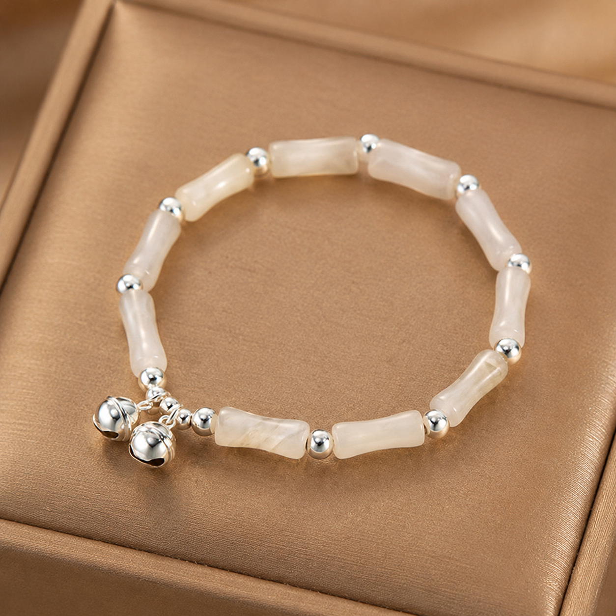 925 Sterling Silver Natural White Jade Bamboo Bell Charm Luck Happiness Bracelet
