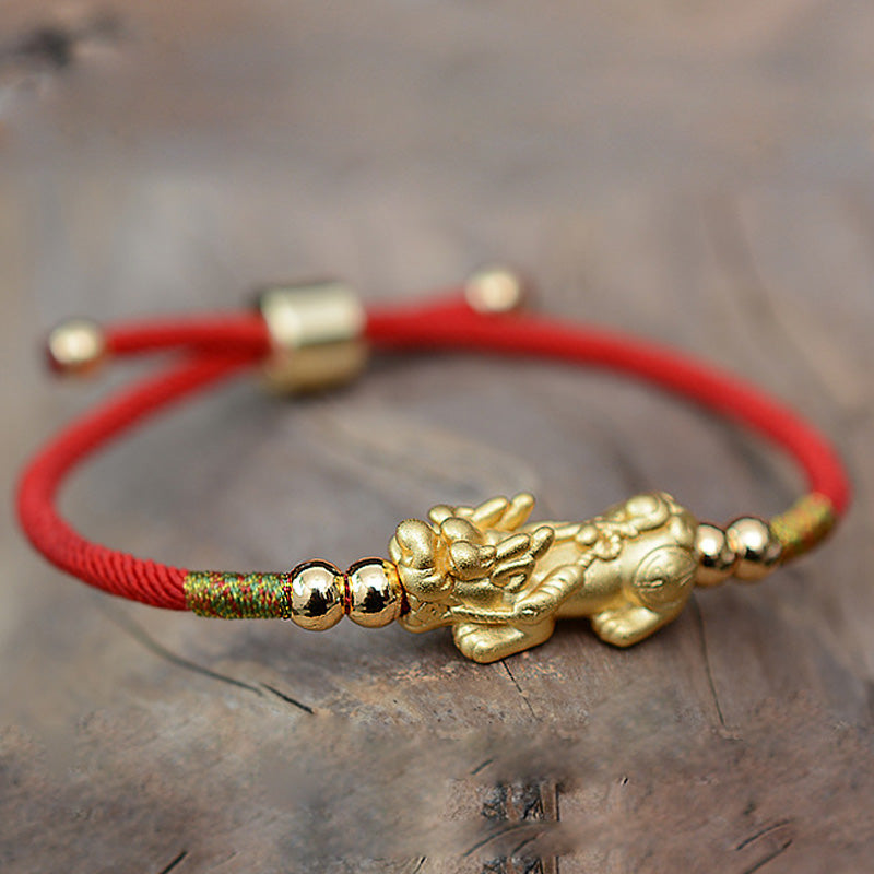 EverestArtstudios 24K Gold-Plated PiXiu Luck Red String Bracelet