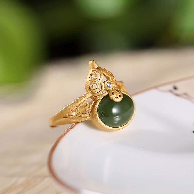 EverestArtstudios Gourd Cyan Jade Copper Coin Success Luck Adjustable Ring