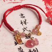 EverestArtstudios Natural Strawberry Quartz Money Bag Lotus Healing Charm Red String Braided Bracelet