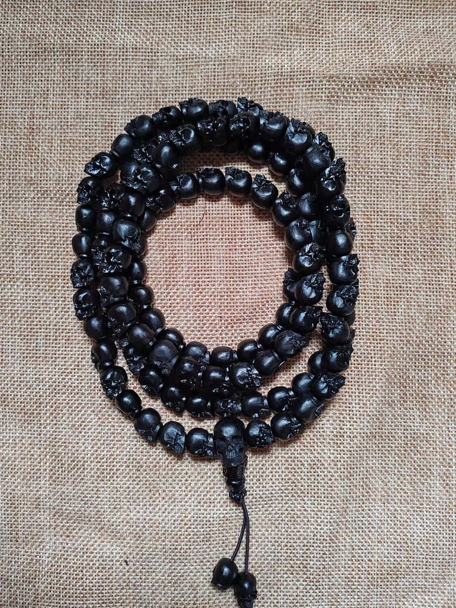 Natural Black Sandalwood Skull Mala Bracelet: Tibetan Buddhist Prayer 108 Beads
