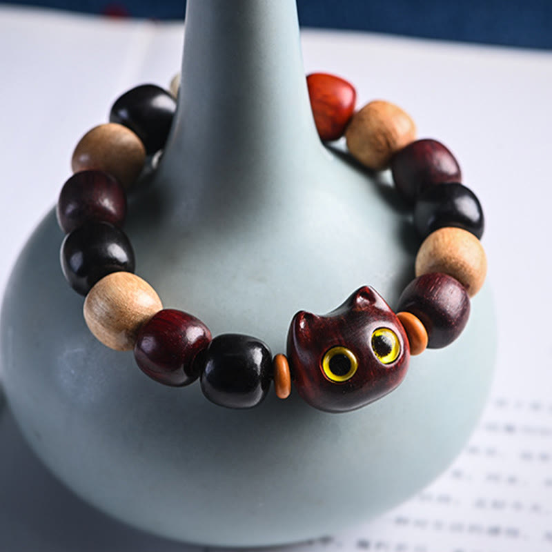 EverestArtStudios Small Leaf Red Sandalwood Ebony Wood Cute Cat Engraved Protection Bracelet