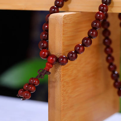 Tibetan Small-Leaf Red Sandalwood 108-Bead Mala Bracelet – Elastic with Auspicious Knot, 8mm