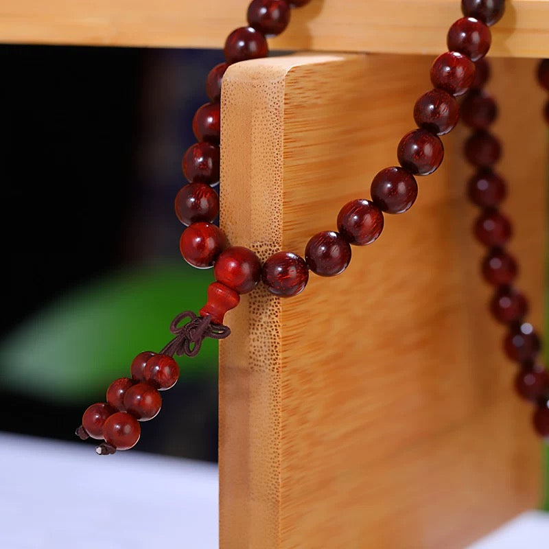 Tibetan Small-Leaf Red Sandalwood 108-Bead Mala Bracelet – Elastic with Auspicious Knot, Bead Size 8 mm = 0.31 inches