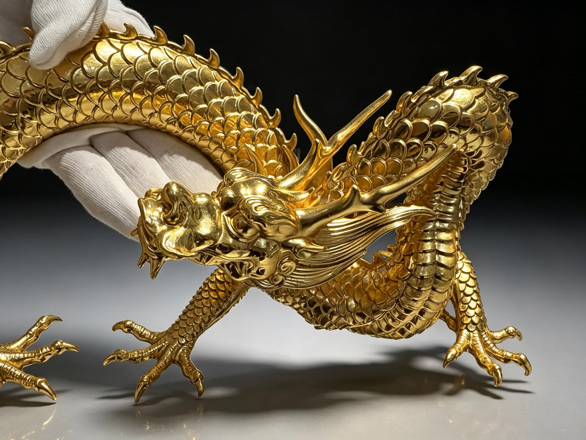 Handcrafted Golden Brass Dragon Statue: Tibetan Feng Shui Decor