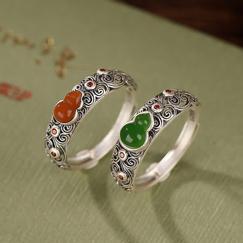 EverestArtstudios 925 Sterling Silver Red Agate Cyan Jade Gourd Blessing Auspicious Ring