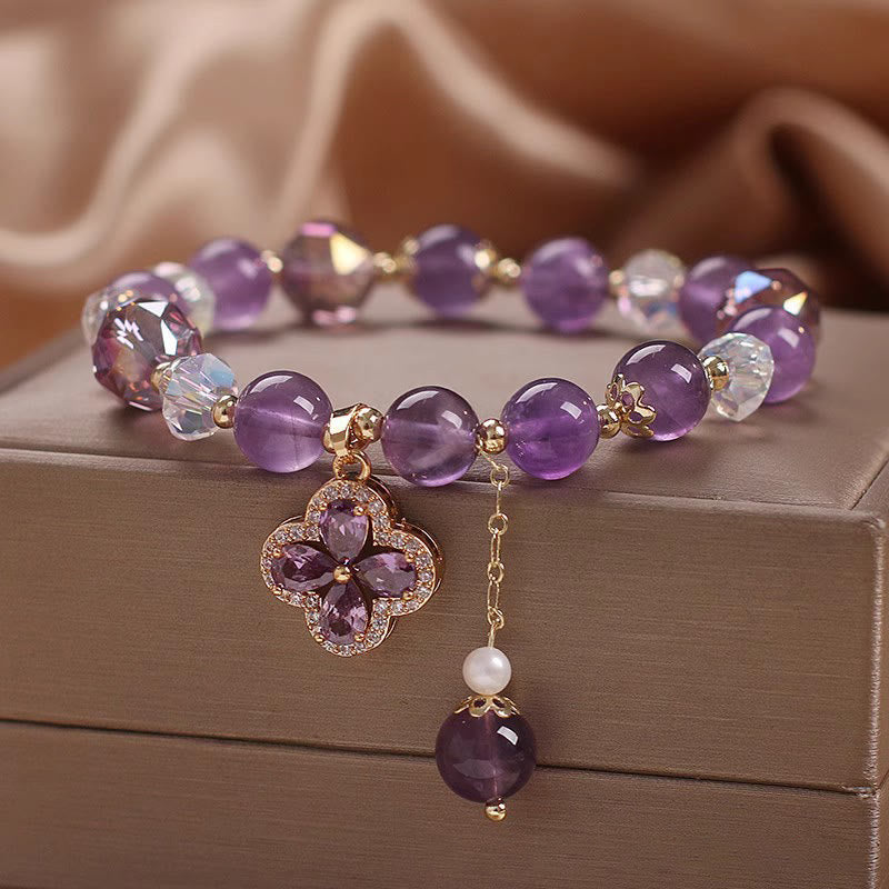 Buddha Stones "All the best for Calm and Wisdom" Amethyst Flower Bracelet Includes Gift Message Card