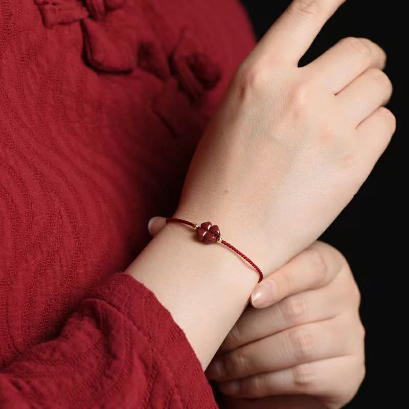 EverestArtStudios Natural Cinnabar Four Leaf Clover Blessing Red String Bracelet Anklet