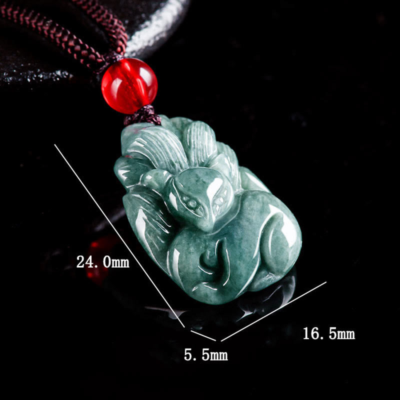 EverestArtstudios Natural Green Jade Nine Tailed Fox Engraved Prosperity Necklace Pendant