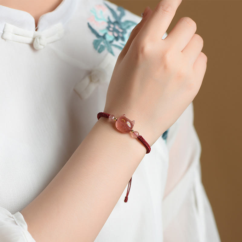 EverestArtstudios Handmade Natural Silver Sheen Obsidian Strawberry Quartz Cute Cat Protection Braided Bracelet
