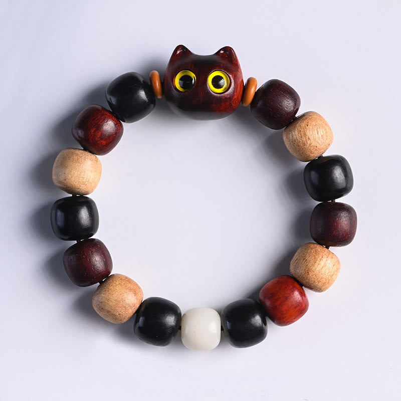 EverestArtStudios Small Leaf Red Sandalwood Ebony Wood Cute Cat Engraved Protection Bracelet