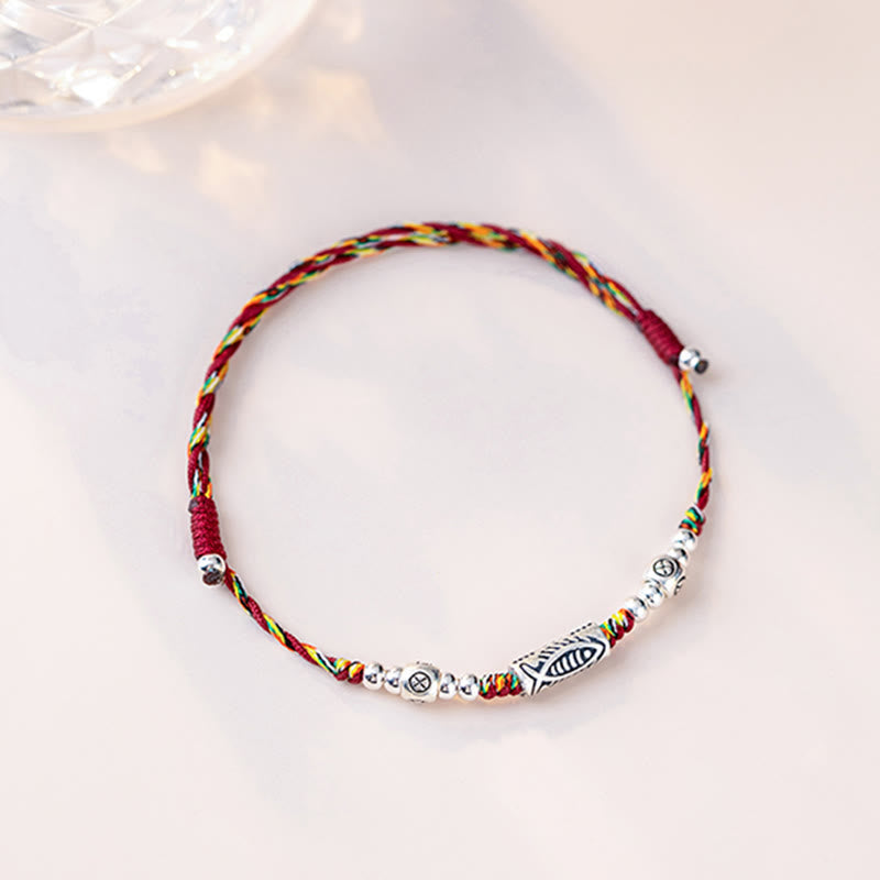 EverestArtstudios 925 Sterling Silver Luck Koi Fish Braided Colorful String Bracelet Anklet