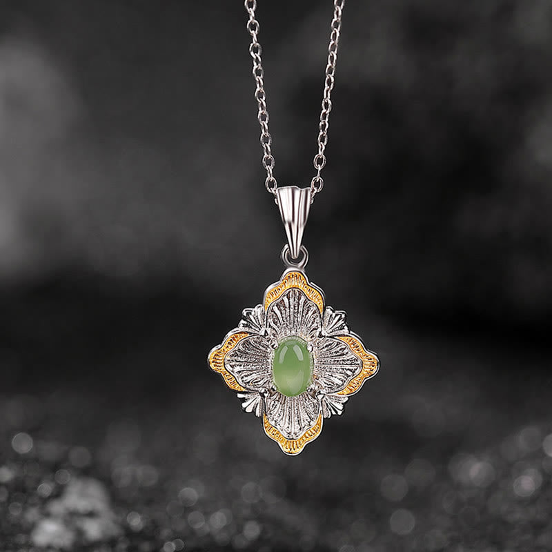 EverestArtstudios 925 Sterling Silver Plated Gold Hetian Cyan Jade Rhombus Design Luck Healing Necklace Pendant