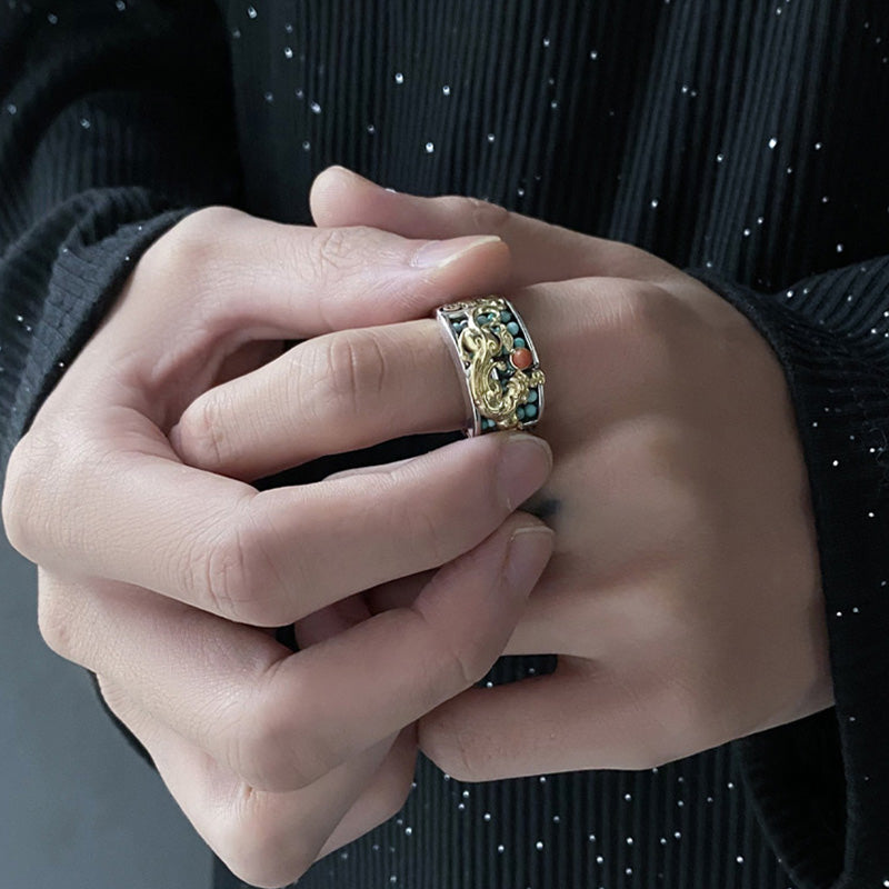 EverestArtStudios 925 Sterling Silver Turquoise Red Agate PiXiu Abacus Protection Ring