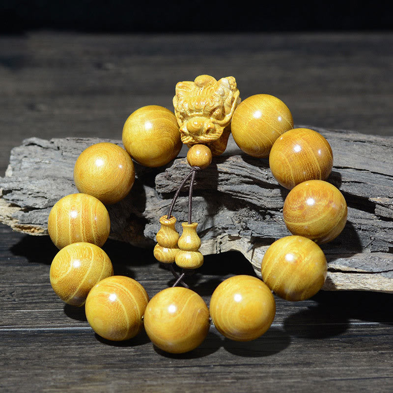 EverestArtStudios Rosewood Green Sandalwood Small Leaf Red Sandalwood Dragon Carved Protection Bracelet