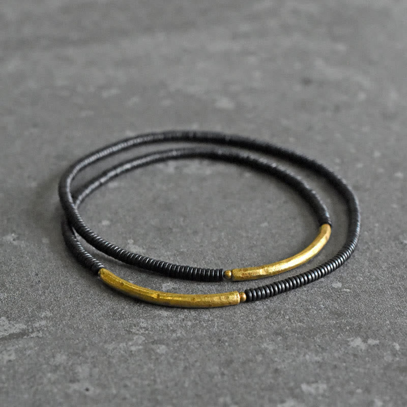 Buddha Stones Ebony Wood Brass Copper Balance Multilayered Bracelet