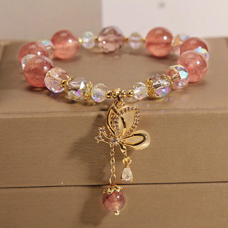 EverestArtStudios Natural Strawberry Quartz Healing Positive Butterfly Charm Bracelet