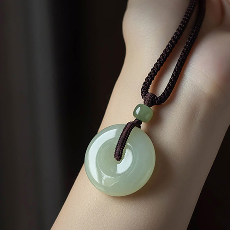 EverestArtstudios Natural Round Jade Peace Buckle Luck Prosperity Necklace Pendant