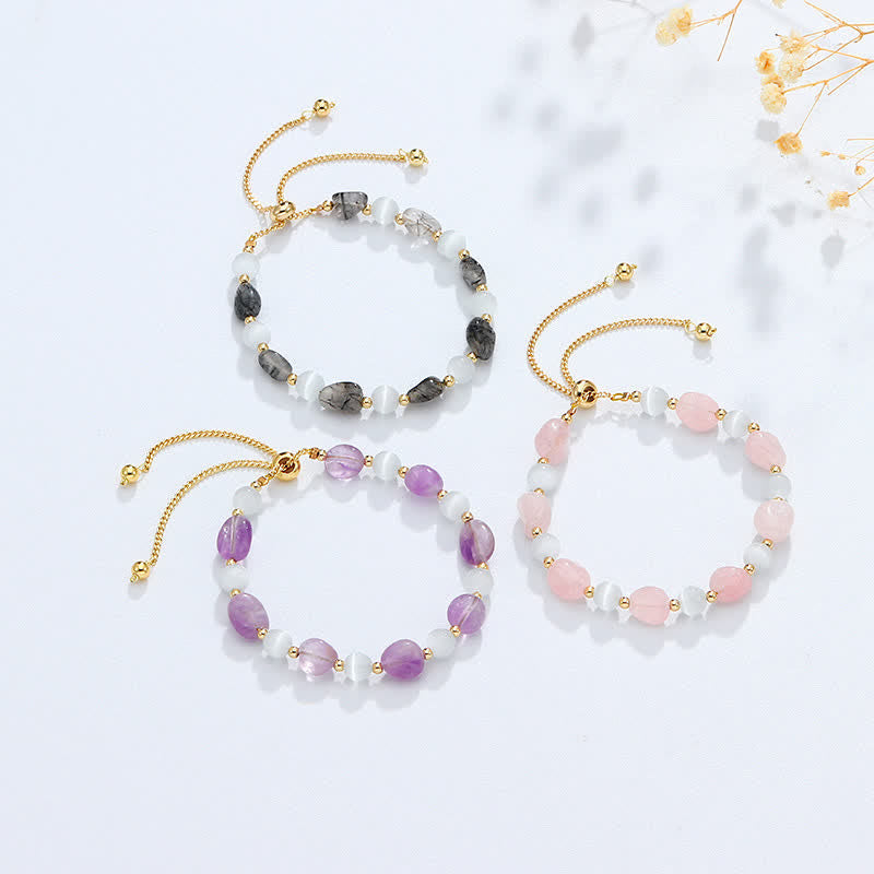 EverestArtstudios Amethyst Pink Crystal Black Rutilated Quartz Spiritual Awareness Bracelet